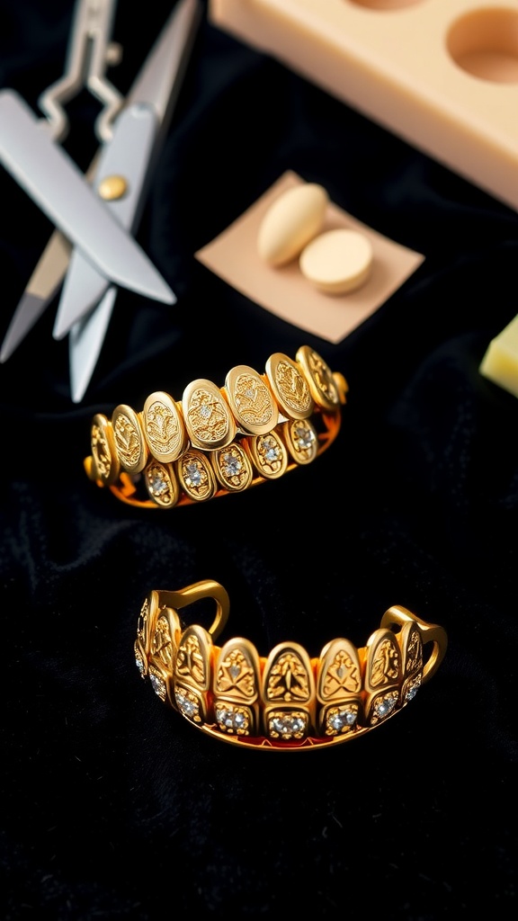Custom gold grillz displayed on a black velvet background with crafting tools.